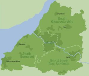 Map showing the area covered by Avon Garden's Trust - North Somerset, Bath & North East Somerset, South Gloucestershire and Bristol